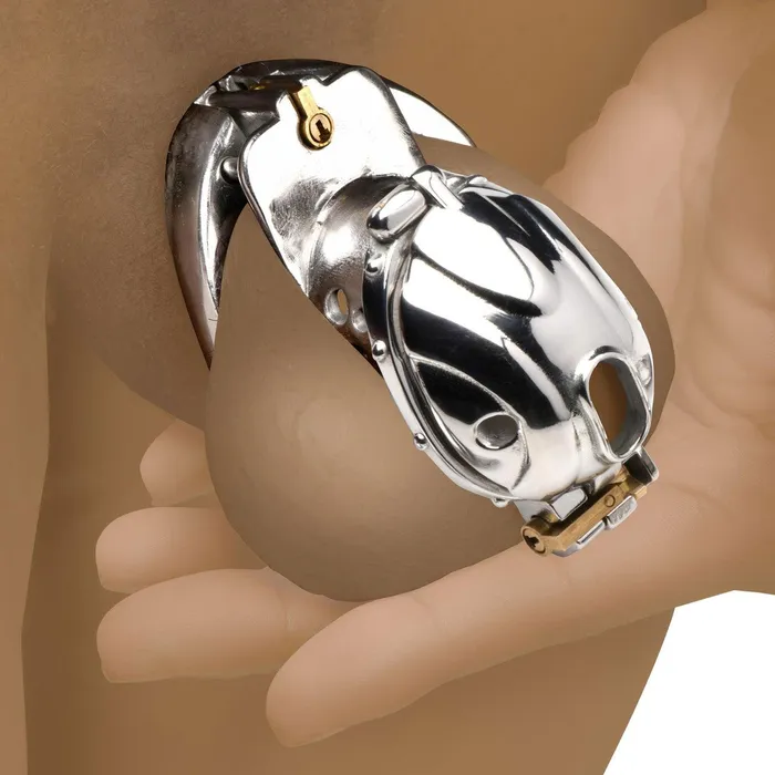 Male Sex Toys XR Brands Entrapment Deluxe Locking Open Chastity Cage from Master Series