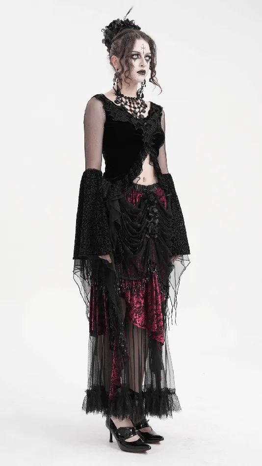 EVEs SECRETS Anal Gothic Black Lace Top with Mesh Sleeves and Asymmetrical Hem