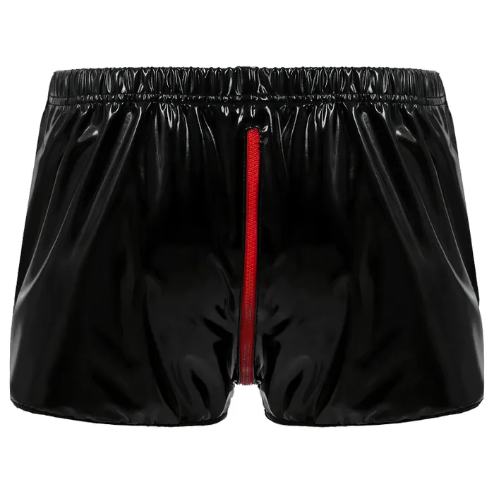 EVEs SECRETS Mens Pole Dance Clubwear Rave Shorts Elastic Waistband Wet Look Zipper Crotch Short Pants Female Sex Toys