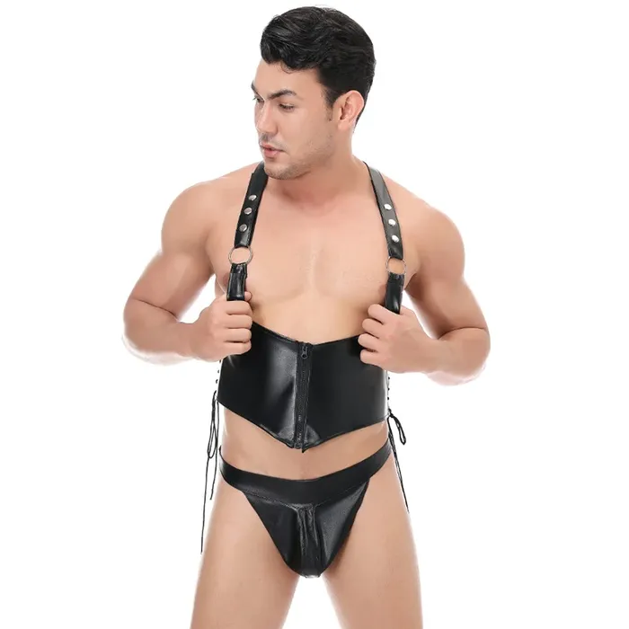 EVEs SECRETS Restraints Mens Sexy Black Vest and Briefs in BDSM Style Male PU Leather Fetish Outfits