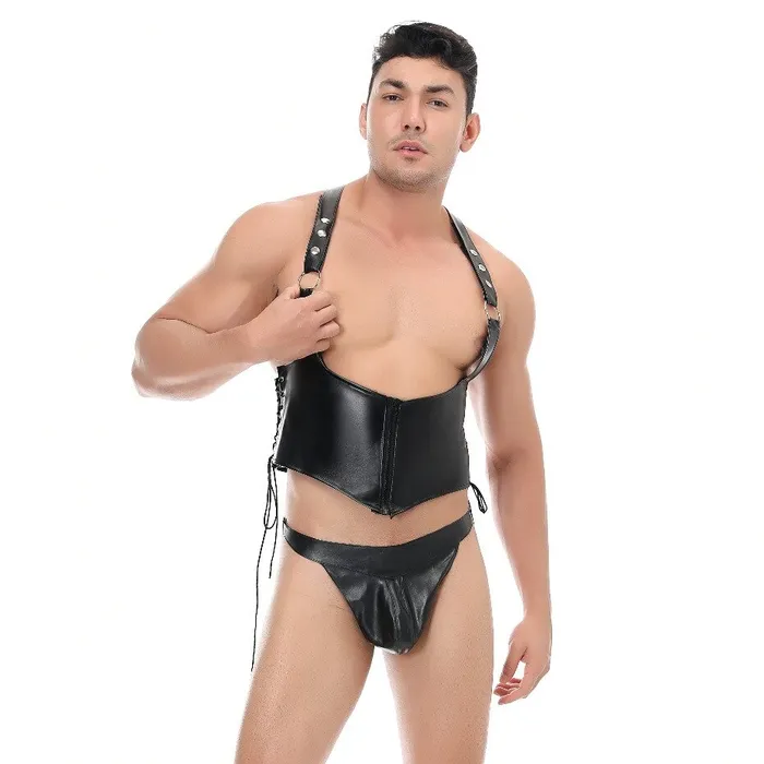 EVEs SECRETS Restraints Mens Sexy Black Vest and Briefs in BDSM Style Male PU Leather Fetish Outfits