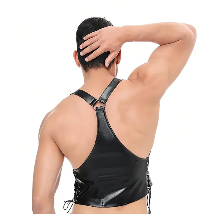 EVEs SECRETS Restraints Mens Sexy Black Vest and Briefs in BDSM Style Male PU Leather Fetish Outfits