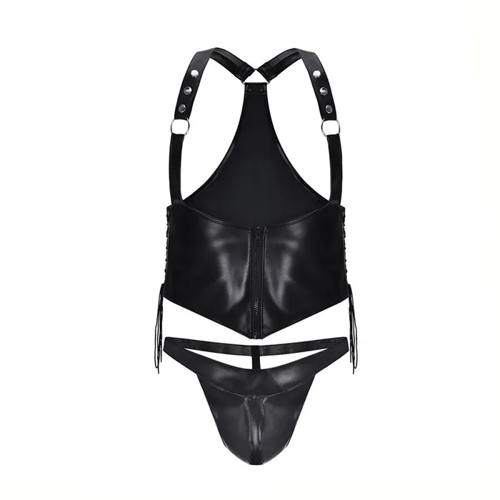 EVEs SECRETS Restraints Mens Sexy Black Vest and Briefs in BDSM Style Male PU Leather Fetish Outfits